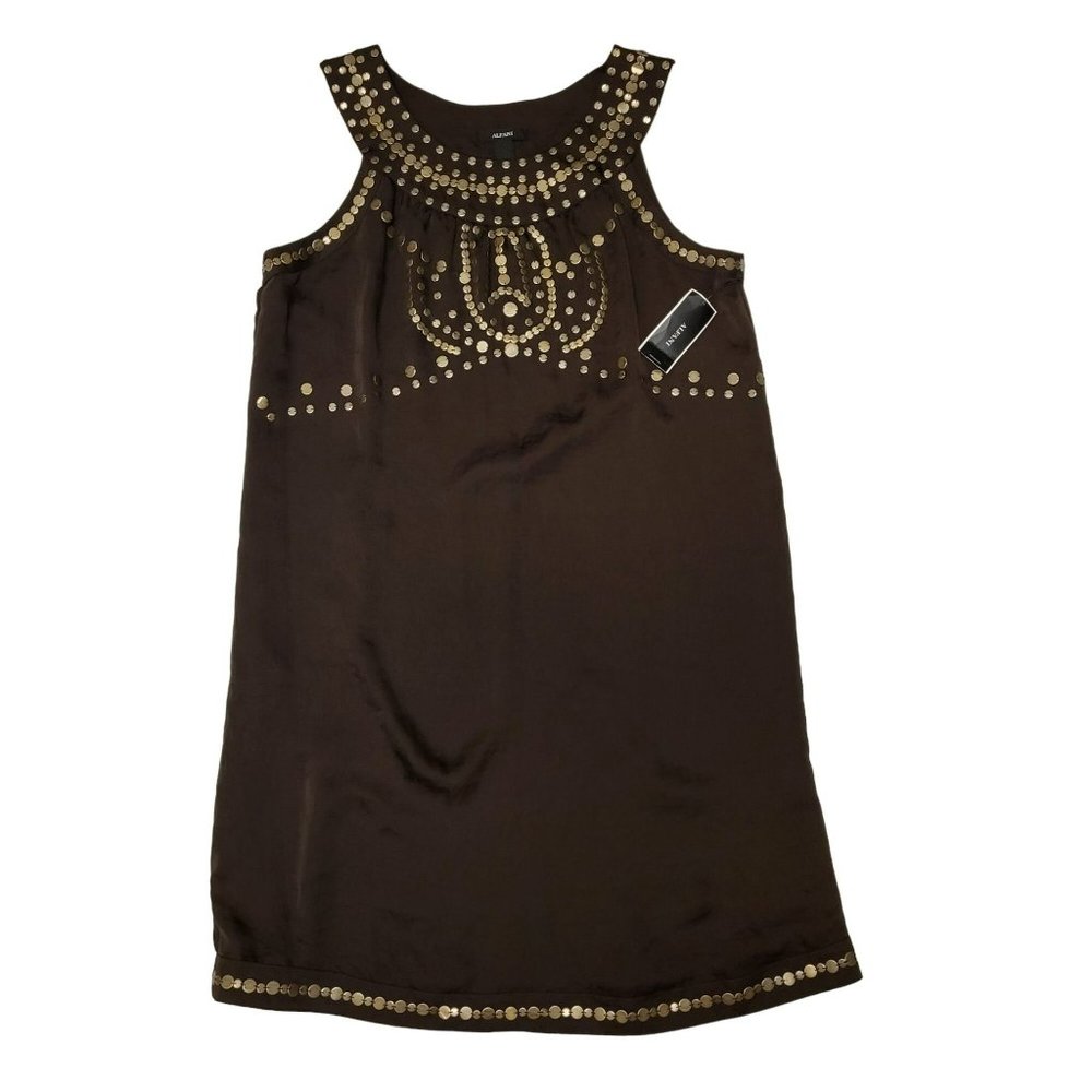 Alfani Tank Midi Dress Brown Brass Gold Circle Beading Women's 10